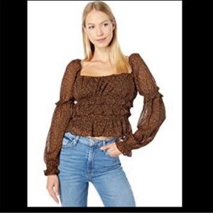 Astr The Label Smocked Square Neck Long Sleeve Top in Brown